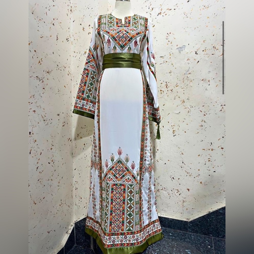 White Embroidered Long Sleeve Maxi Dress with Olive Sash